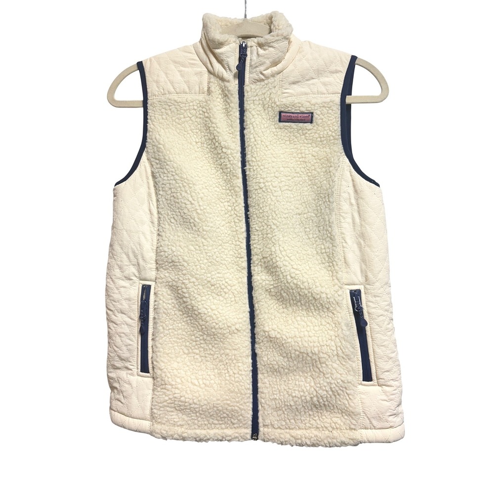 Vineyard Vines Sherpa Quilted Vest Preppy Cream Full Zip Sleeveless XXS